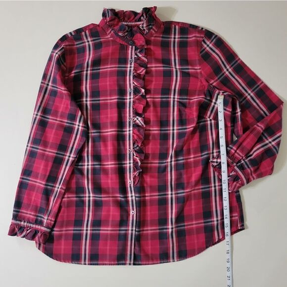 Chaps Women's Red Black Plaid Button-Down Ruffle Long Sleeve Shirt - Picture 8 of 16